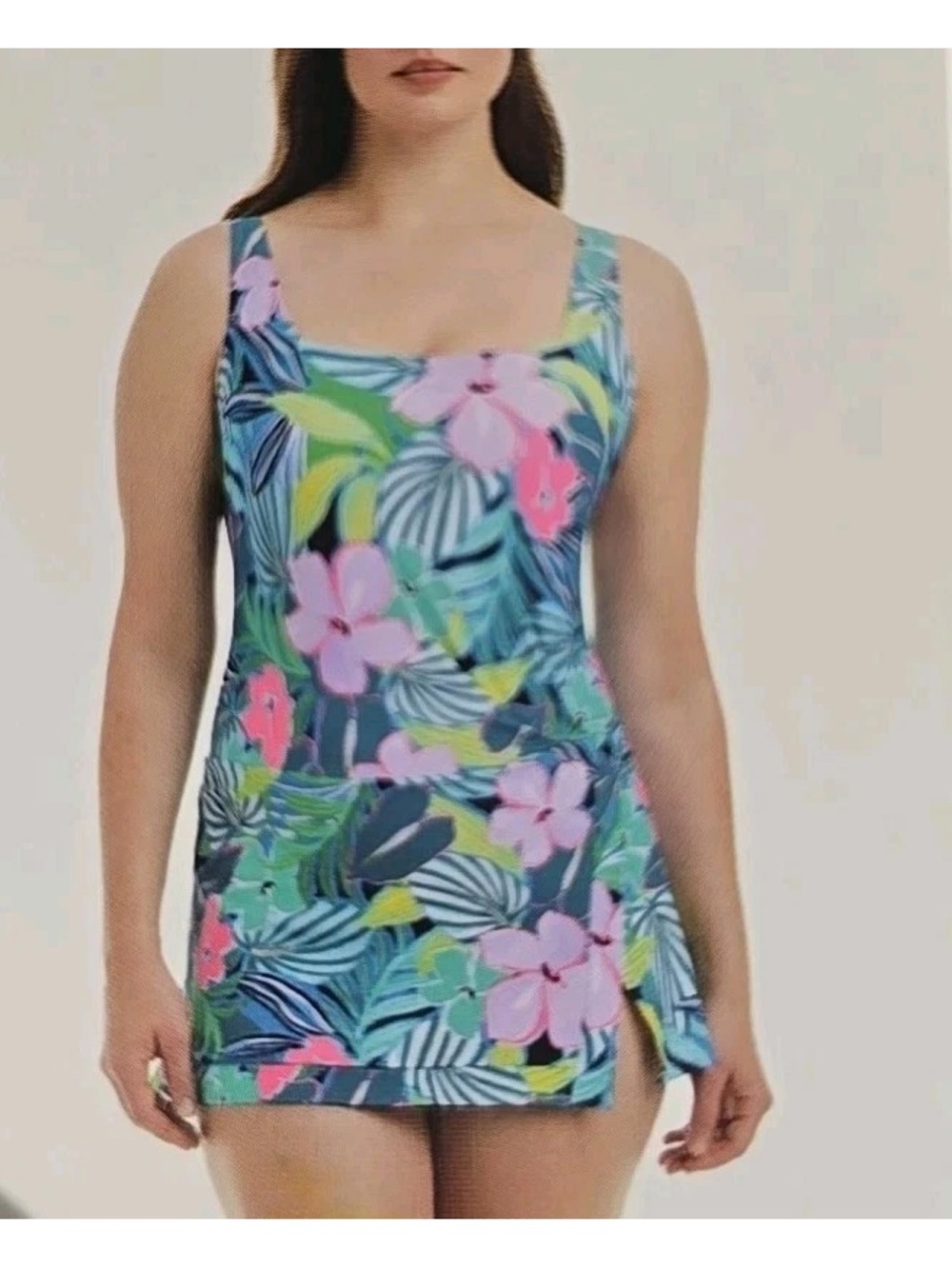 Beyond Control Floral square neck swim dress - Teal & Pink